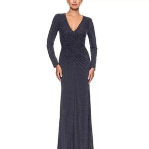 XSCAPE Women's Rhinestone-Embellished Ruched Gown Black Long Sleeve Petite